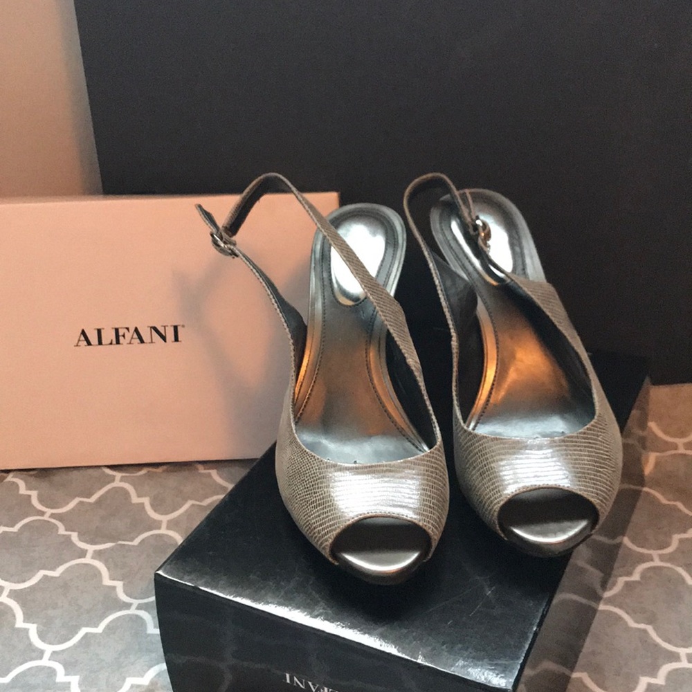Alfani “Alexis” Peep Toe Sling Back Pumps - Pewter